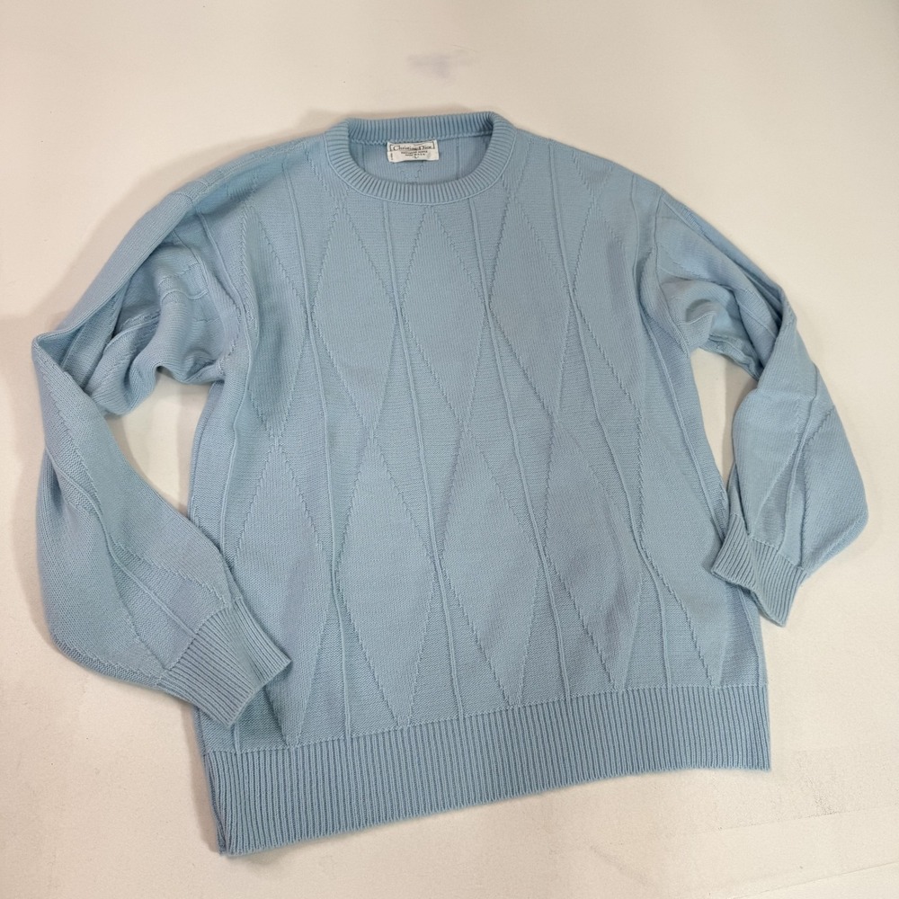Vintage Christian Dior Sweater Mens Large Blue Argyle Knit Orlon Made USA 90s
